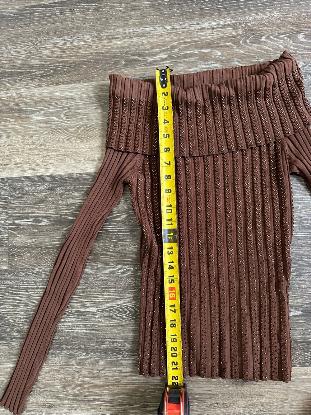 Caché Off The Shoulder Beaded Ribbed Knit Sweater Brown Medium Y2K Coquette - Picture 6 of 8